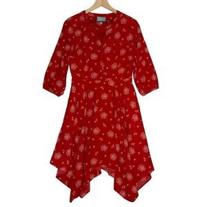 Skies are Blue Handkerchief Hem Red Floral 3/4 Sleeve V-Neck Shirt Dress Size 8​